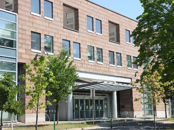 The front entrance of the Marion McCain Arts and Social Sciences Building. 