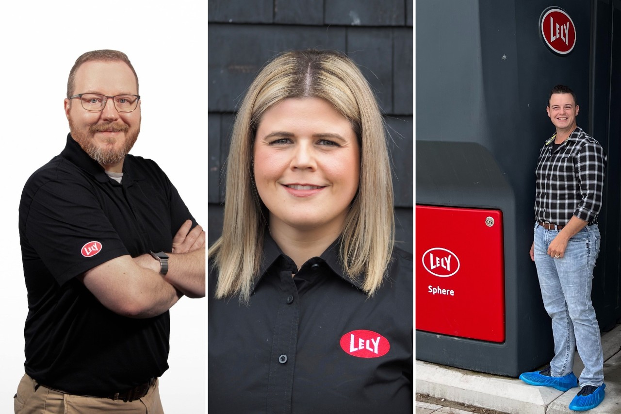 A composite of portraits of three agriculture alumni working for Lely.