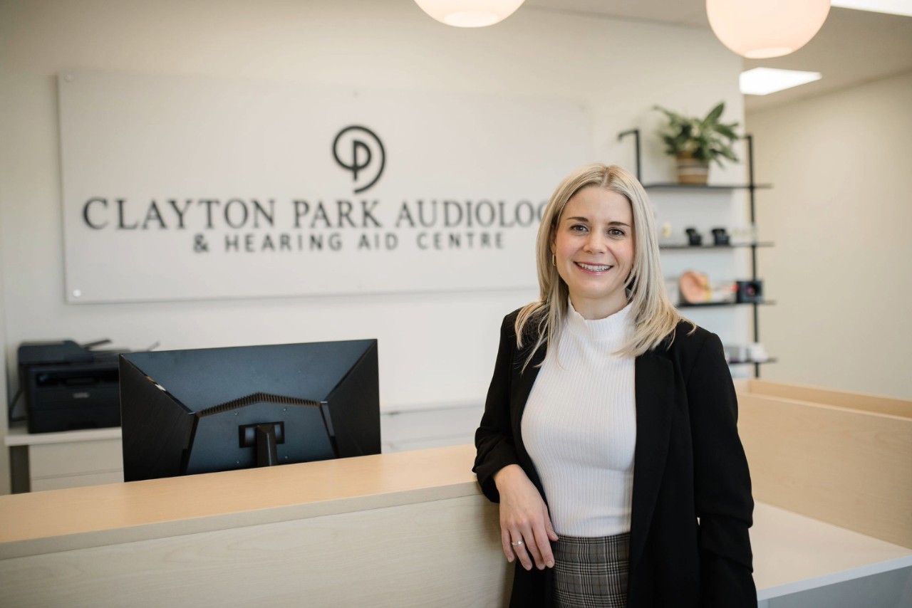 A portrait of Lyndsay Bozec in her Clayton Park Audiology and Hearing Aid Centre. 