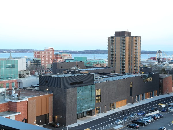 An aerial view of the Emera IDEA Building for Dalhousie Engineering. 