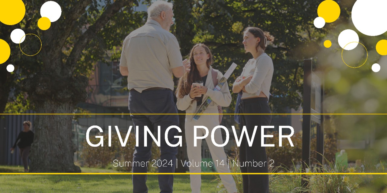 Three people stand outside in a group talking with the words Giving Power and yello w and white circles overlaid on the image