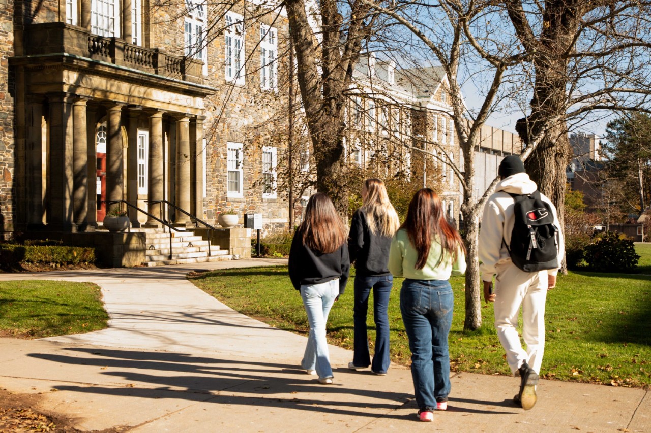Four students walk on a pathway across a quad on a sunny spring day.