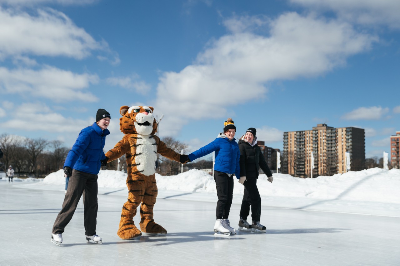 photo of three dal students holding hands and skating with the Dal Tiger