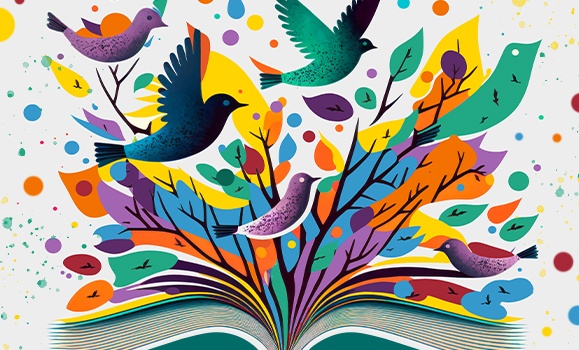 services for newcomers artwork featuring an open book with tree and birds coming out of it, all multicoloured