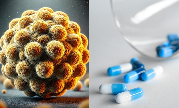 Half of the photo is a close up of a bacteria particle. The other is a close up of a dozen blue and white pills.