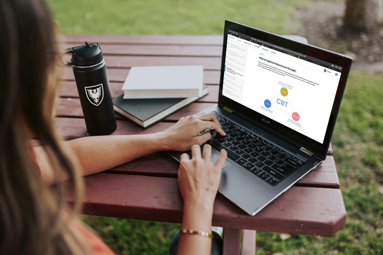A student working at a laptop with the screen in focus 