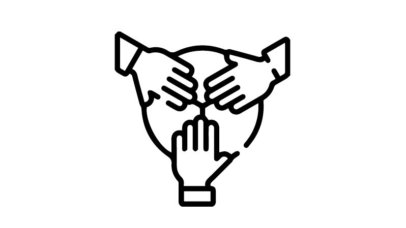 Black icon with three hands touching a globe.Below, the text reads: "Collaboration, Interdisciplinarity, Global Engagement."