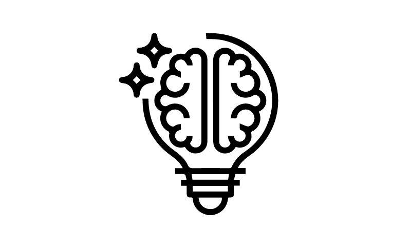 Black icon of a brain inside a lightbulb with stars around it, representing inventive thinking. Below, the text reads: "Curiosity, Creativity & Innovation."