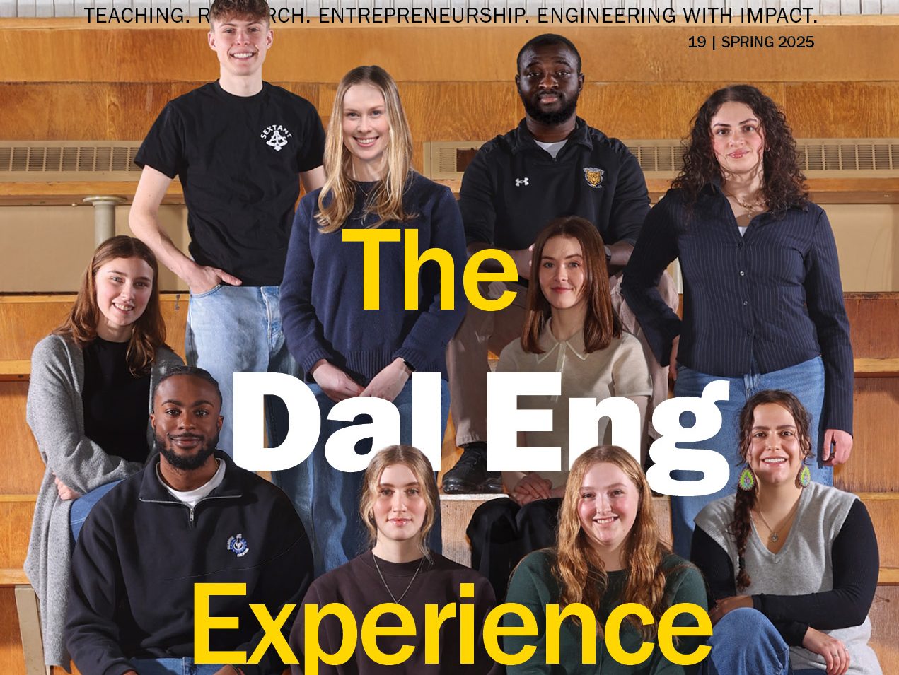 Engineering magazine cover featuring the story on the Dal Engineering experience with students seated and standing on bleachers.