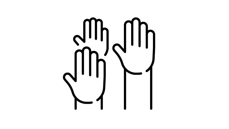 Icon with three raised hands, symbolizing inclusion and equality.