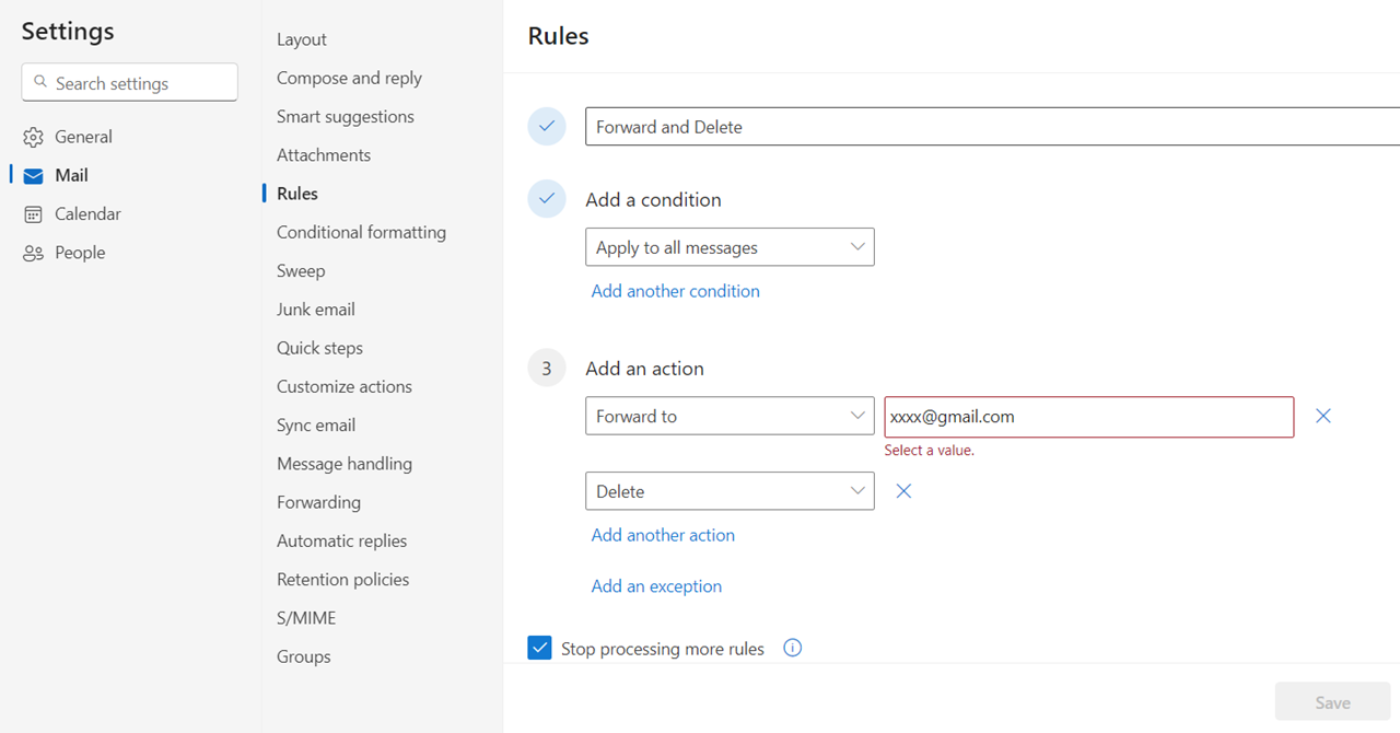 Forward and delete mail using rule. Screenshot of how to add a rule in Outlook.