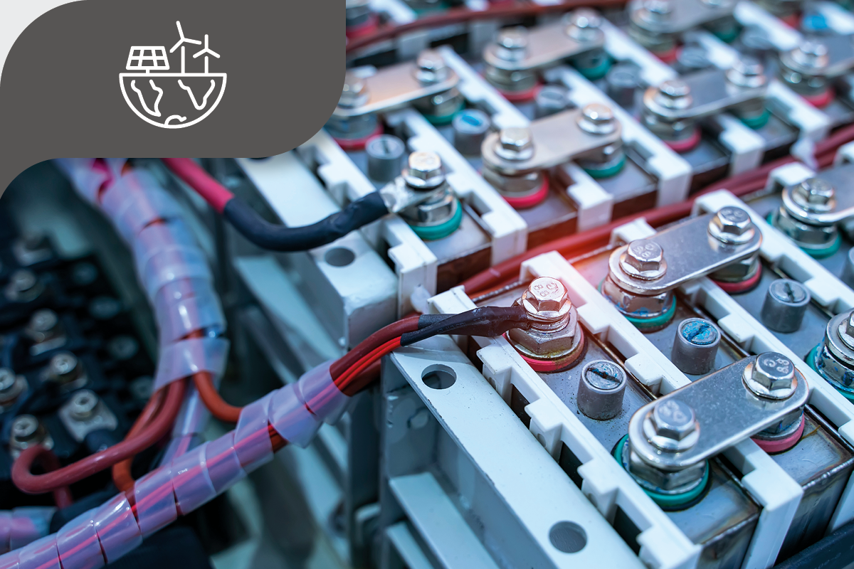 Close-up of battery modules with connected terminals.