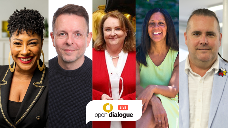 Portraits of the four speakers and moderator for the event.
