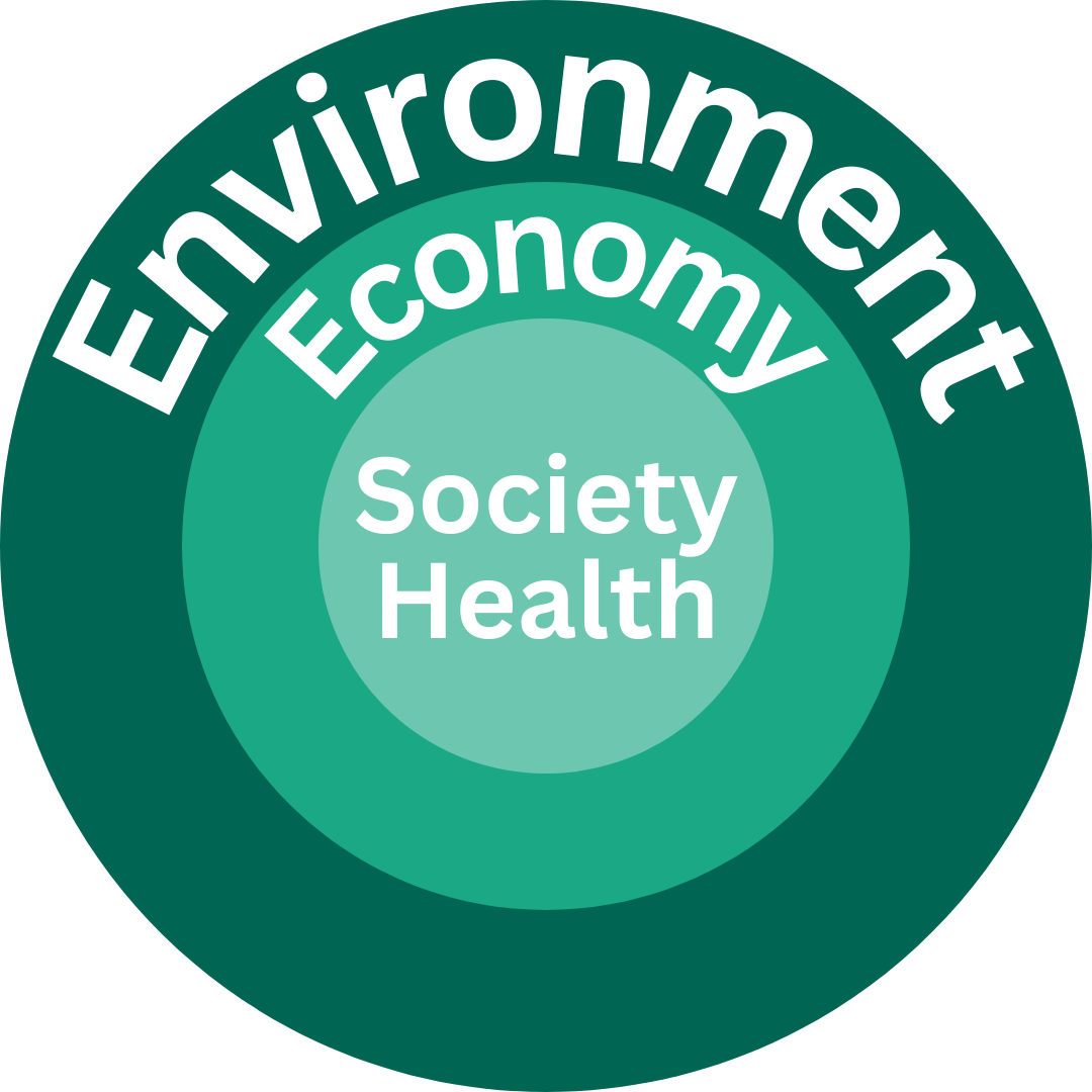 A diagram of three concentric circles. The innermost reads, "society health", then "economy", and finally, "environment" on the outermost circle.